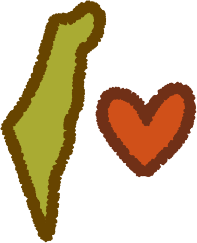 a green shape of the country of israel with a red heart next to it